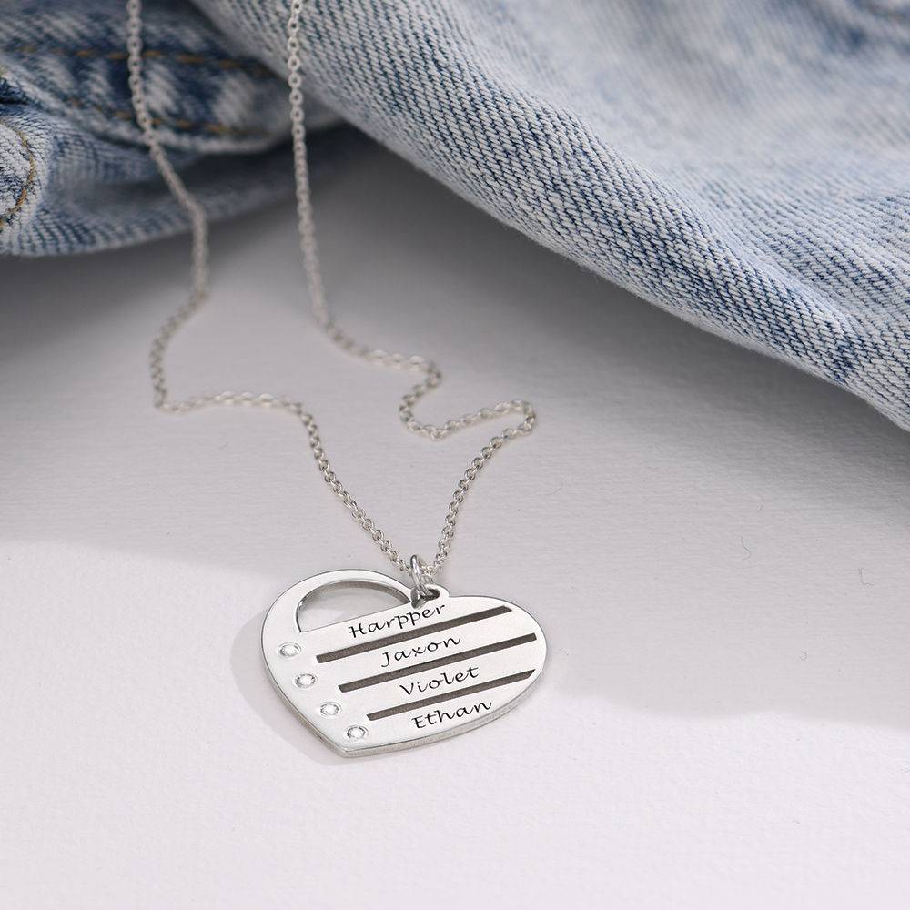 Diamond Heart Necklace with Engraved Names in Sterling Silver product photo
