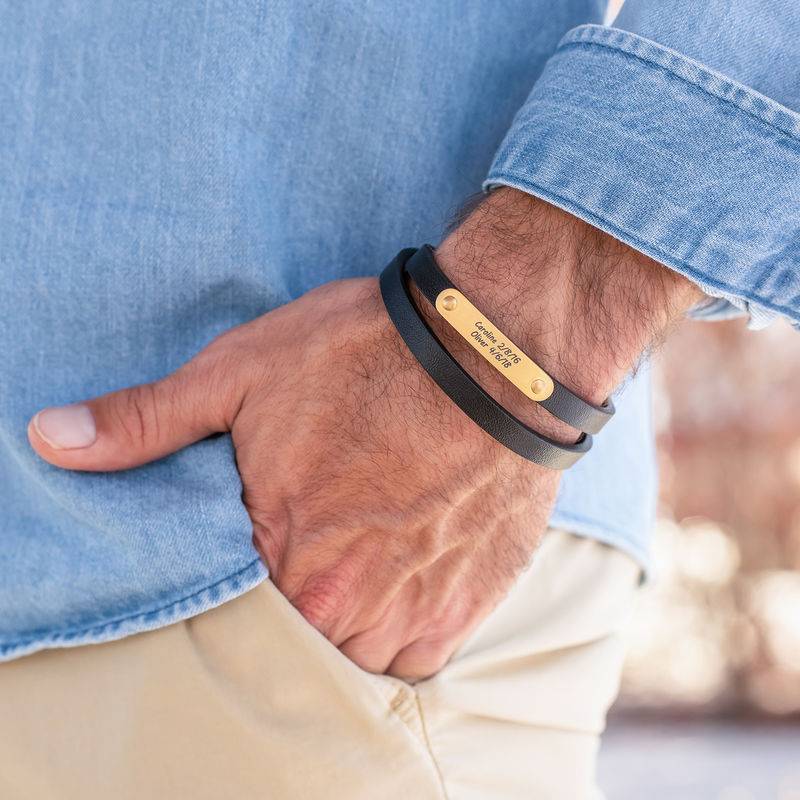 Black Leather Bracelet with Engraved Bar in 18K Gold Plating-2 product photo