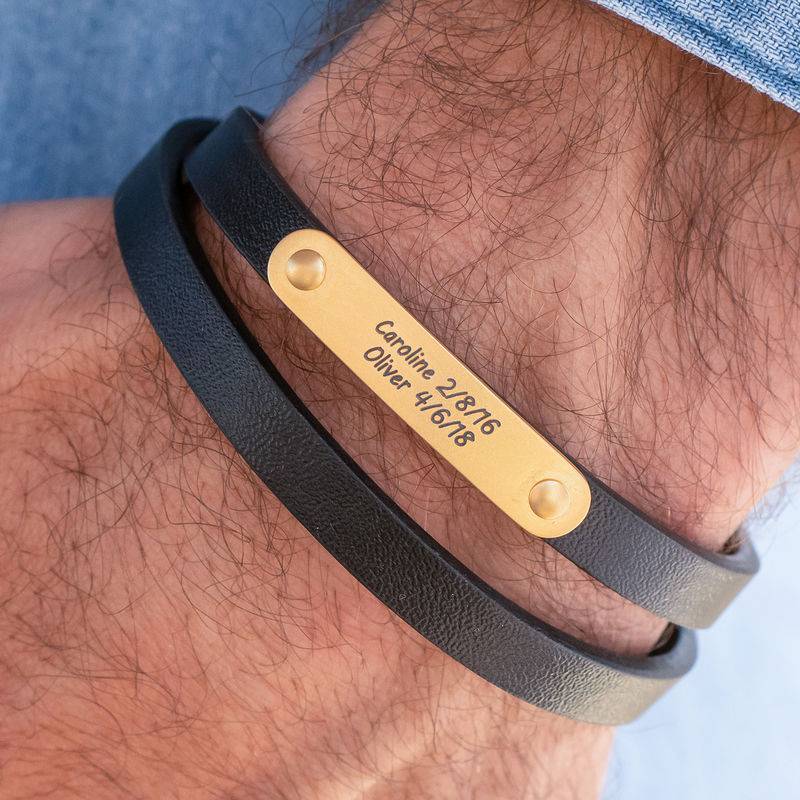 Black Leather Bracelet with Engraved Bar in 18K Gold Plating-3 product photo