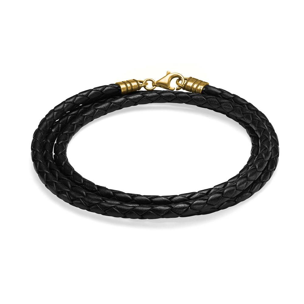 Braided Black Leather Bracelet in Gold Plating-1 product photo