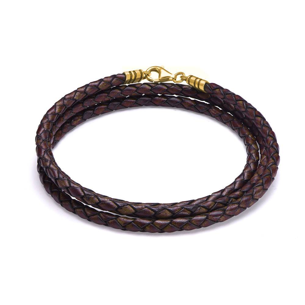 Braided Brown Leather Bracelet in Gold Plating product photo