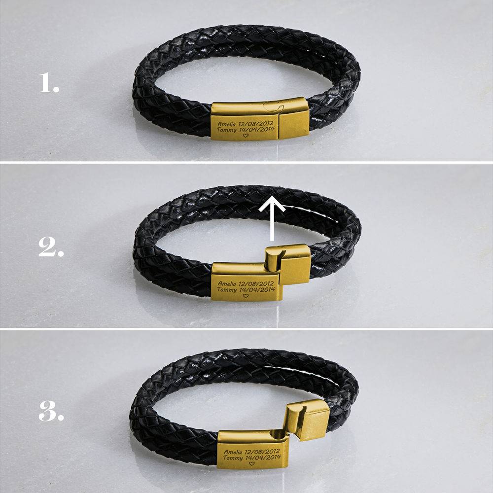 Black Leather Explorer Bracelet for Men with 18k Gold Plating-5 product photo