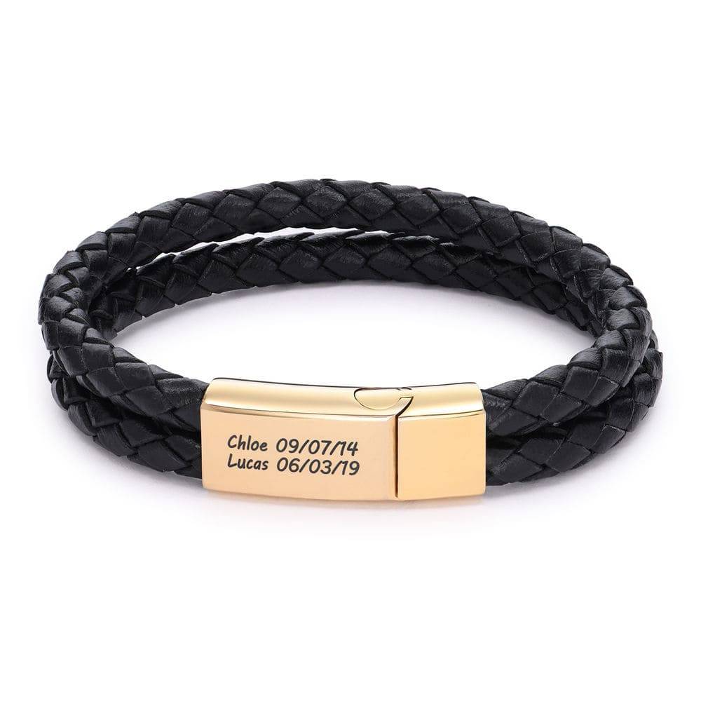 Black Leather Explorer Bracelet for Men with 18k Gold Plating-1 product photo