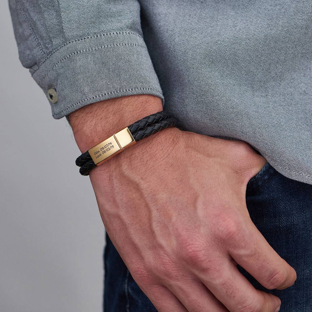 Black Leather Explorer Bracelet for Men with 18k Gold Plating-4 product photo