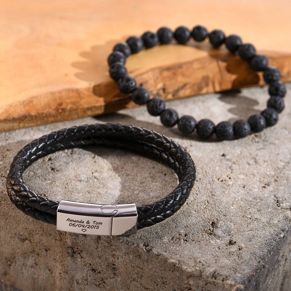 Black Leather Explorer Bracelet for Men-4 product photo