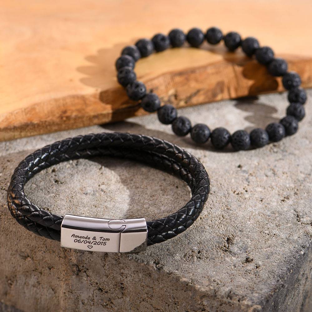 Black Leather Explorer Bracelet for Men-2 product photo