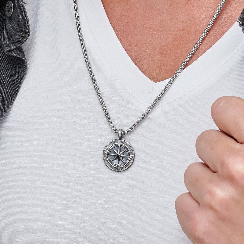 Engraved Compass Pendant Necklace for Men in Sterling Silver-5 product photo