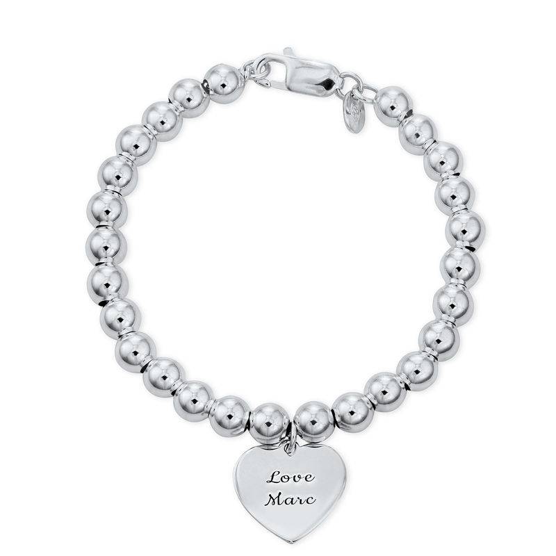 Engraved Heart Charm Beaded Bracelet in Sterling Silver-1 product photo