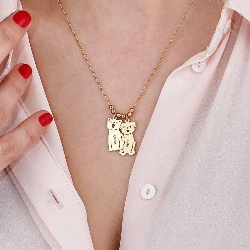 Engraved Kids Charm with Cat and Dog Charm Necklace in Gold Plating product photo