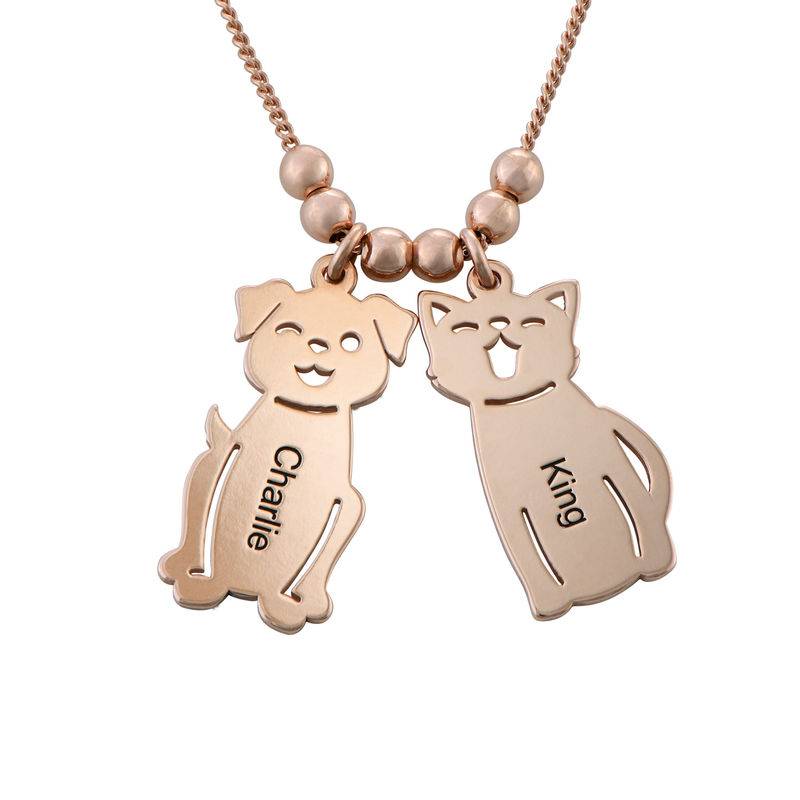 Engraved Kids Charm with Cat and Dog Charm Necklace in Rose Gold Plating product photo