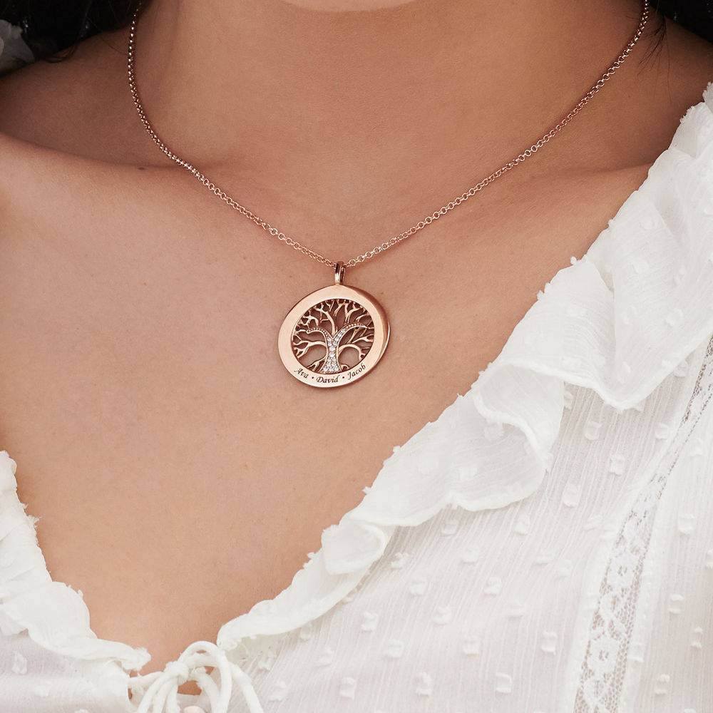 Family Tree Circle Necklace with Cubic Zirconia in Rose Gold Plating-3 product photo