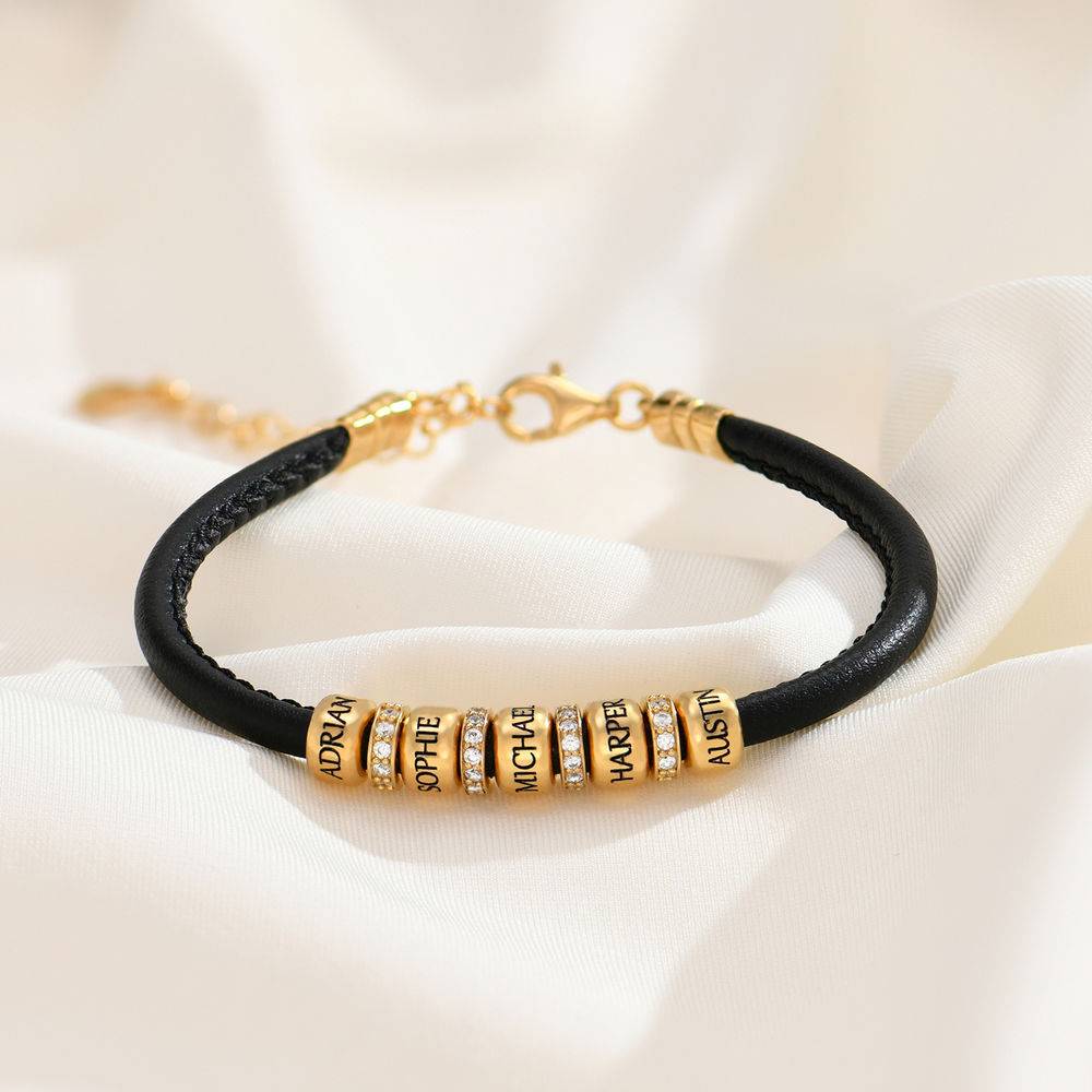 Zirconia Vegan-Leather Bracelet with 18K Gold Plated Beads-4 product photo