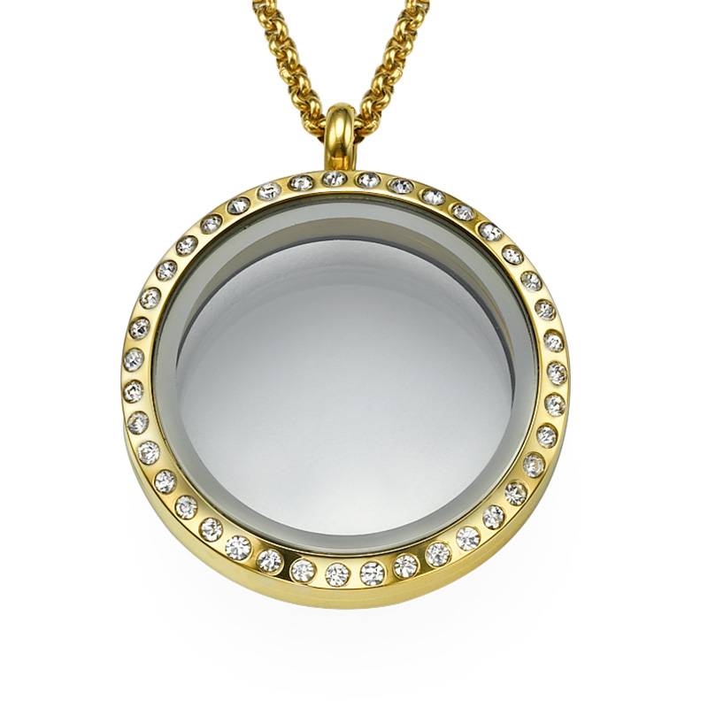 Gold Plated Round Locket Necklace with Crystals product photo