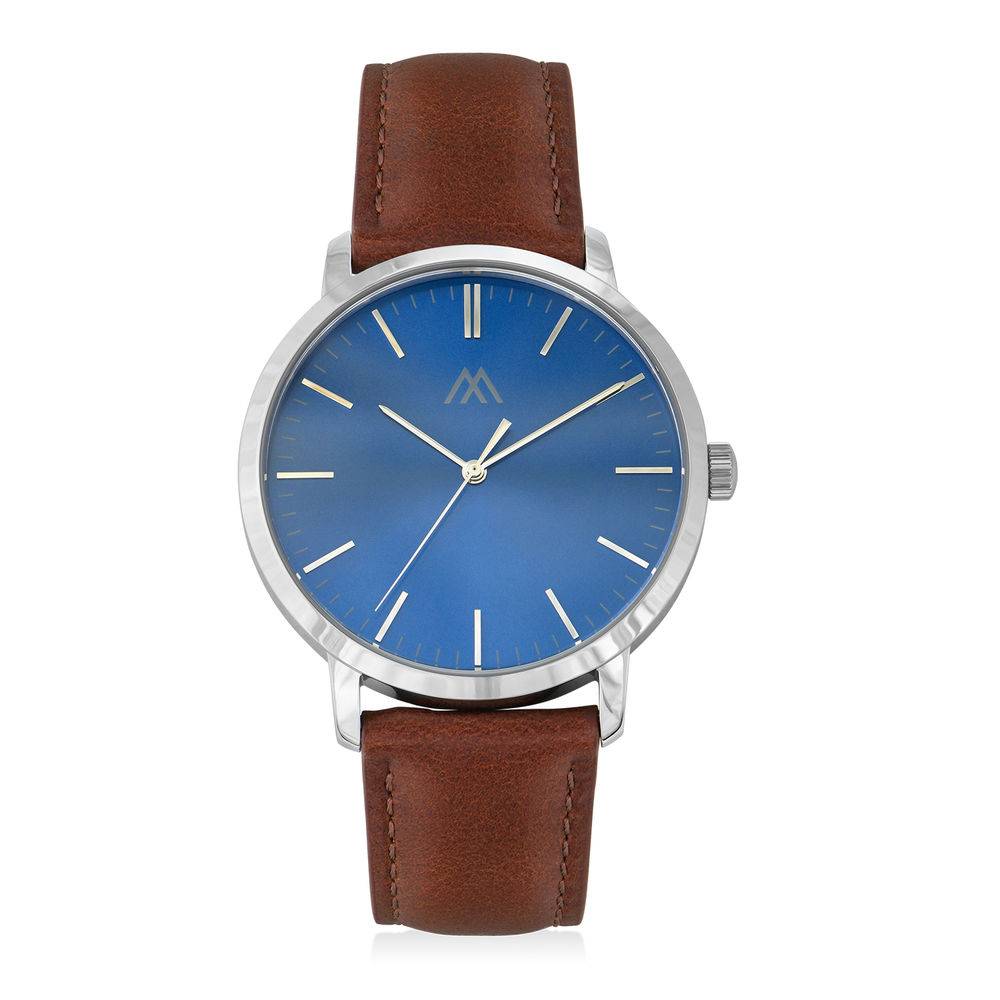 Hampton Minimalist Brown Leather Band Watch for Men with Blue Dial product photo