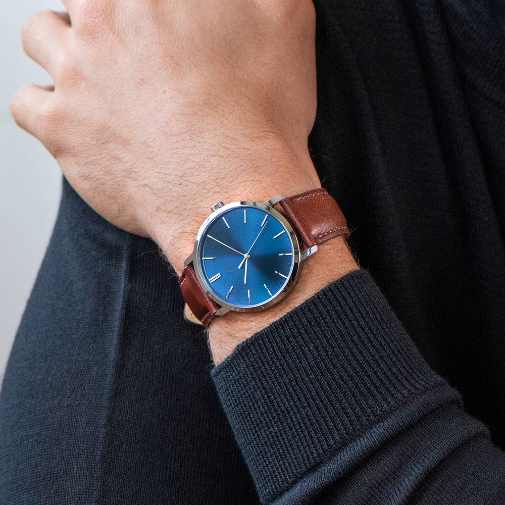 Hampton Minimalist Brown Leather Band Watch for Men with Blue Dial-5 product photo