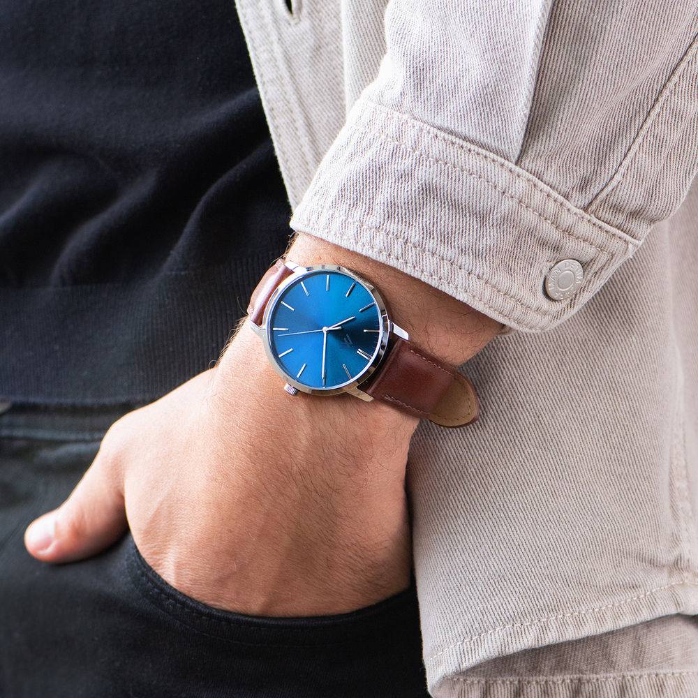 Hampton Minimalist Brown Leather Band Watch for Men with Blue Dial-7 product photo