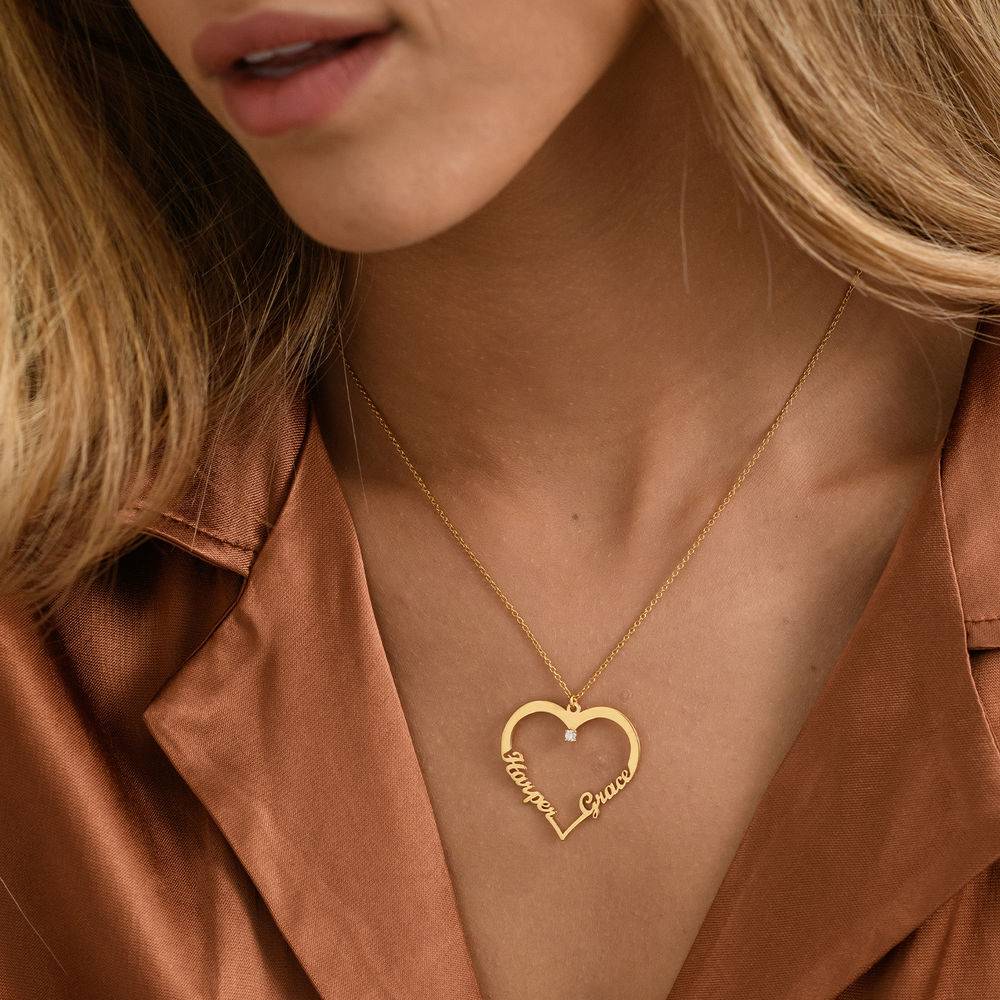 Contour Heart Pendant Necklace with Two Names in 18k Gold Plating with Diamond-3 product photo