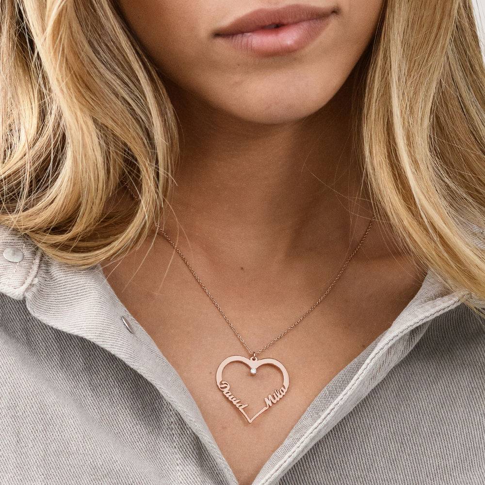 Contour Heart Pendant Necklace with Two Names in 18k Rose Gold Plating with 0.05ct Diamond-2 product photo