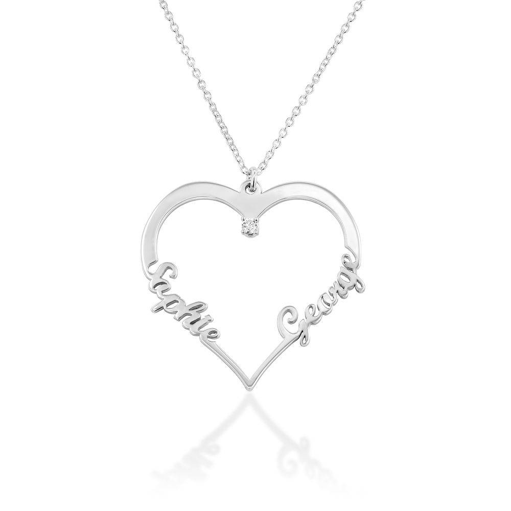 Contour Heart Pendant Necklace with Two Names in Sterling Silver with Diamond product photo