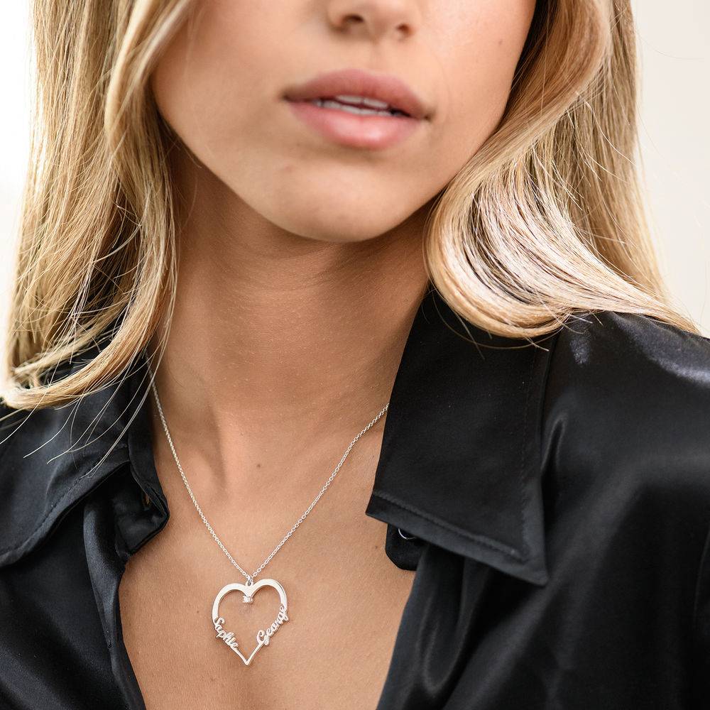 Contour Heart Pendant Necklace with Two Names in Sterling Silver with 0.05ct Diamond-3 product photo