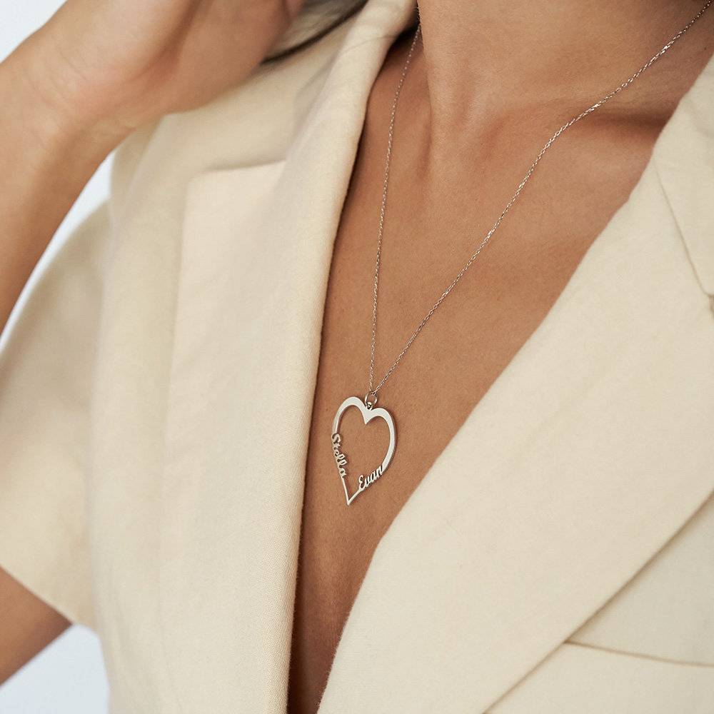 Contour Heart Pendant Necklace with Two Names in 14k White Gold-2 product photo