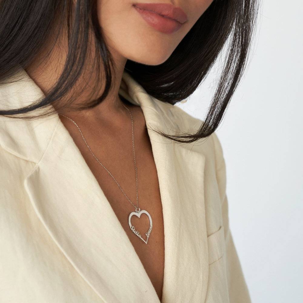 Contour Heart Pendant Necklace with Two Names in 14k White Gold-1 product photo