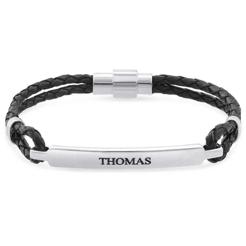 ID bracelet for Men in Stainless Steel and black Leather-1 product photo