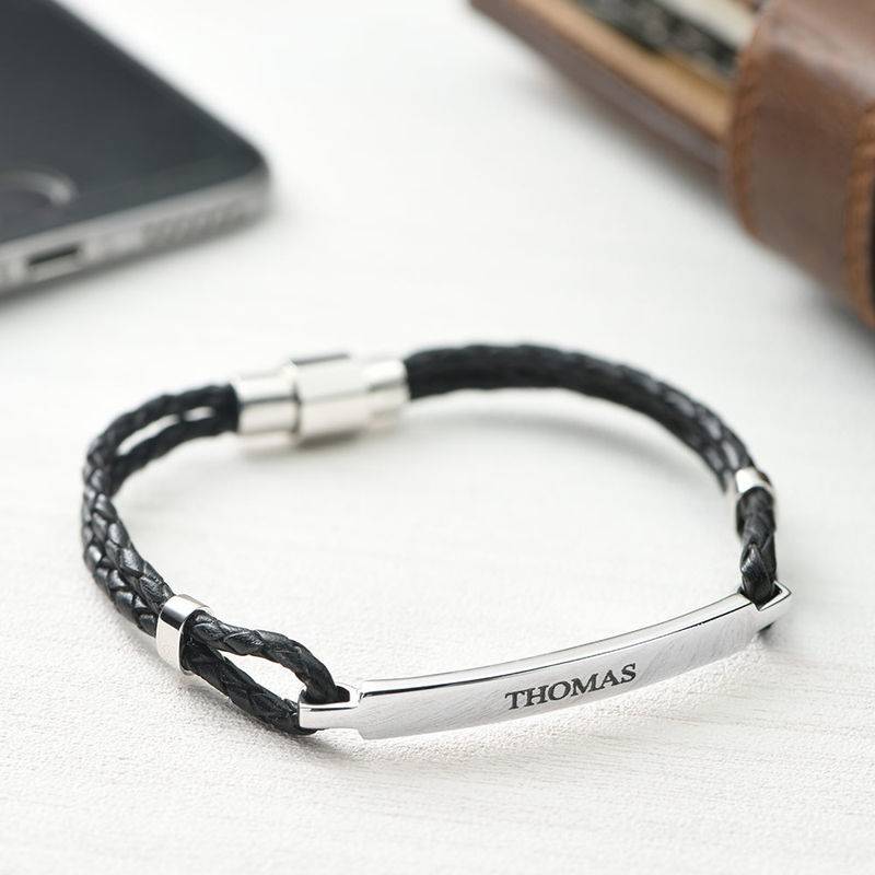 ID bracelet for Men in Stainless Steel and black Leather-4 product photo