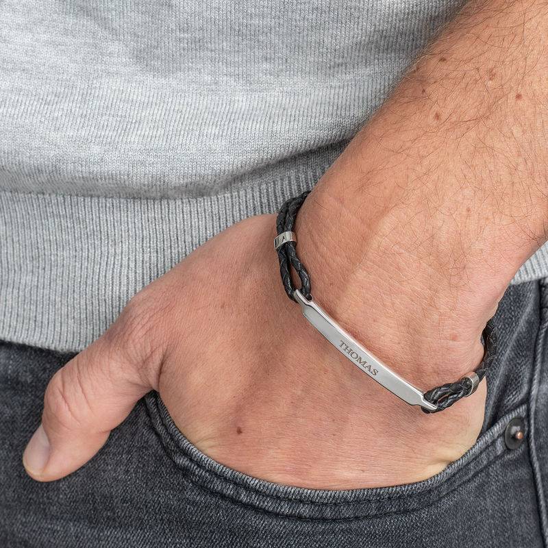 ID bracelet for Men in Stainless Steel and black Leather-3 product photo