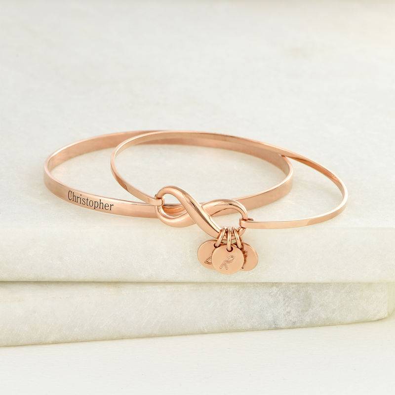 Infinity Bangle Bracelet with Initial Charms in Rose Gold Plating-7 product photo