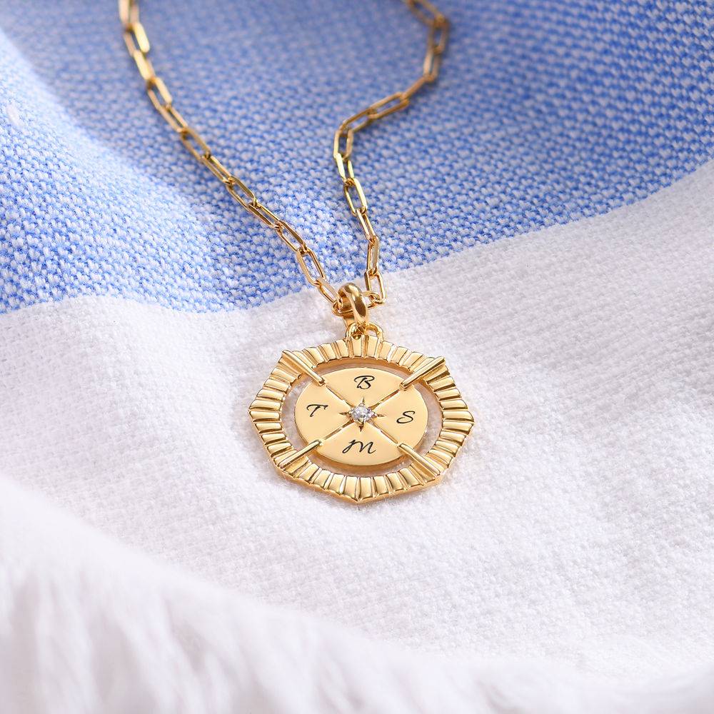 Initial Octagon Compass Necklace With Cubic Zirconia in Vermeil-2 product photo