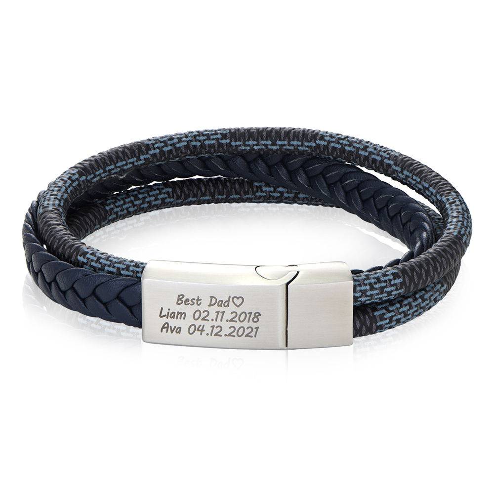 Men's Braided Leather Bracelet in Silver - 3 Layer Blue & Grey