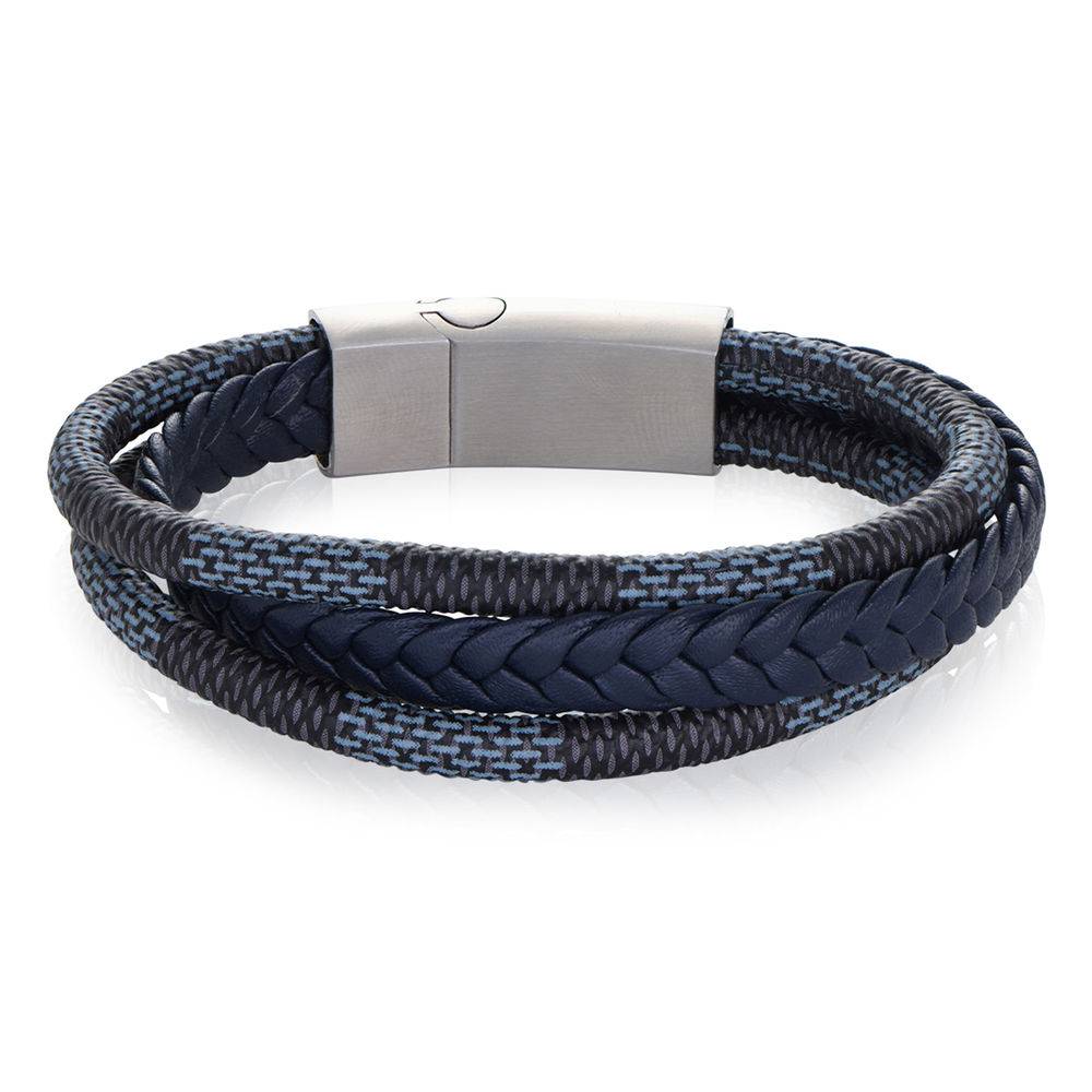 Men's 3-Layer Blue & Grey Braided Leather Bracelet in Stainless Steel-1 product photo