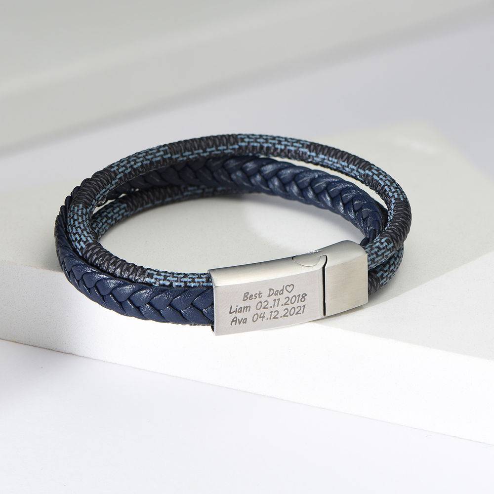 Men's 3-Layer Blue & Grey Braided Leather Bracelet in Stainless Steel-4 product photo