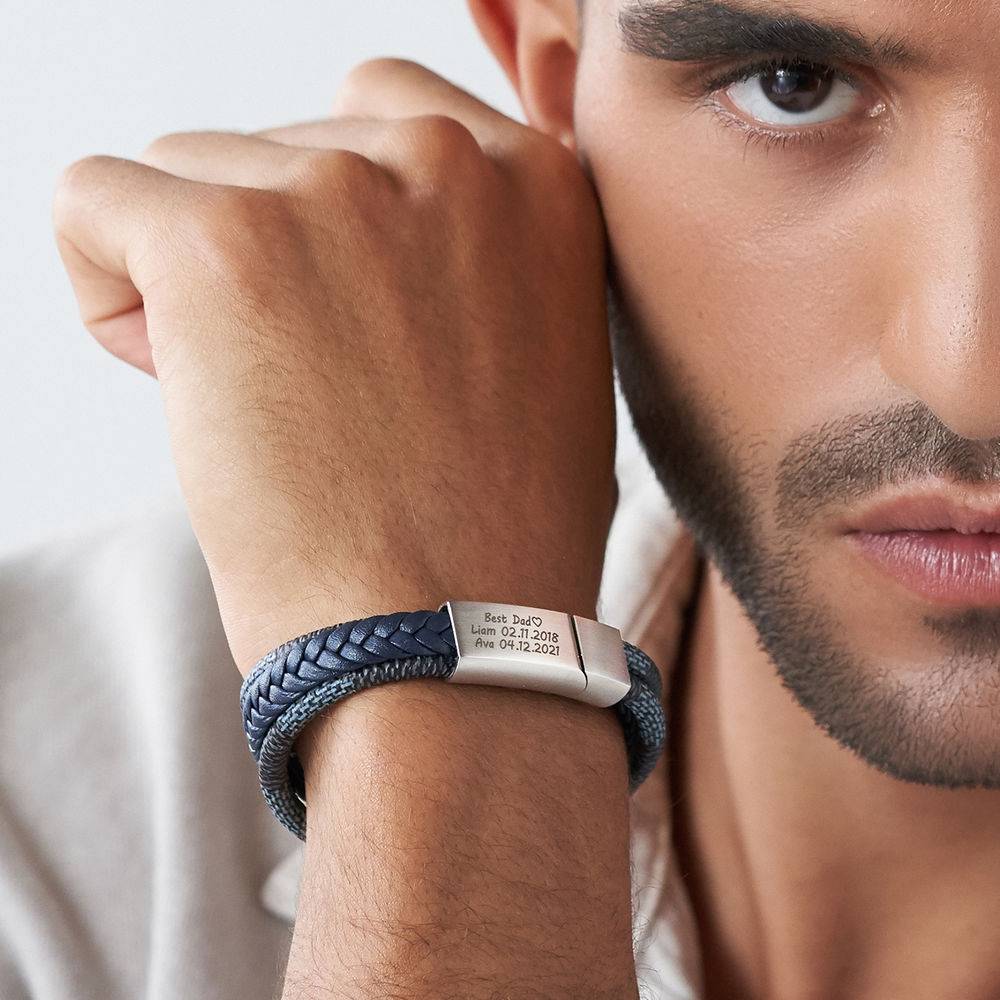 Men's 3-Layer Blue & Grey Braided Leather Bracelet in Stainless Steel-5 product photo