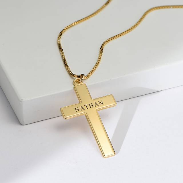 Men's Engraved Cross Necklace in 18K Gold Plating My Name Necklace Canada