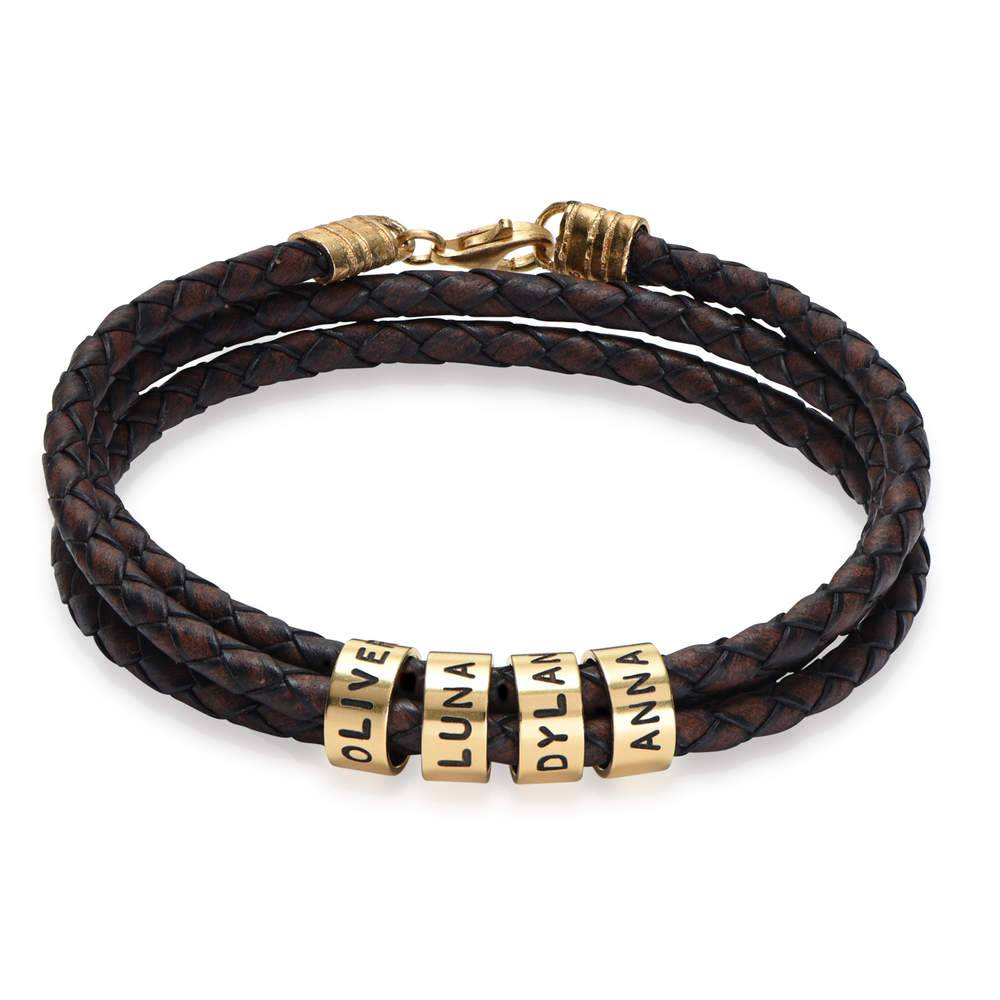 Navigator Braided Brown Leather Bracelet with Small Custom Beads in Gold Plating-1 product photo