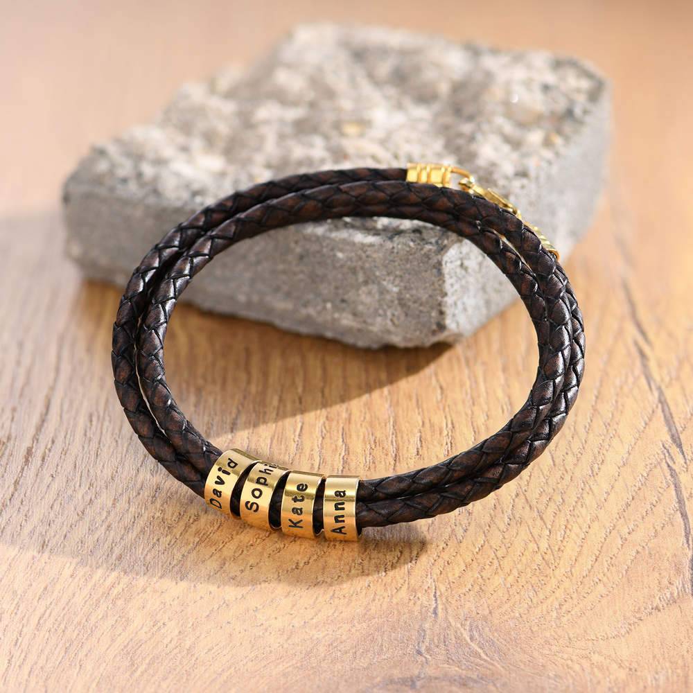 Navigator Braided Brown Leather Bracelet with Small Custom Beads in Gold Plating-2 product photo