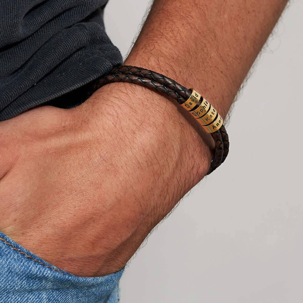 Navigator Braided Brown Leather Bracelet with Small Custom Beads in Gold Plating-4 product photo