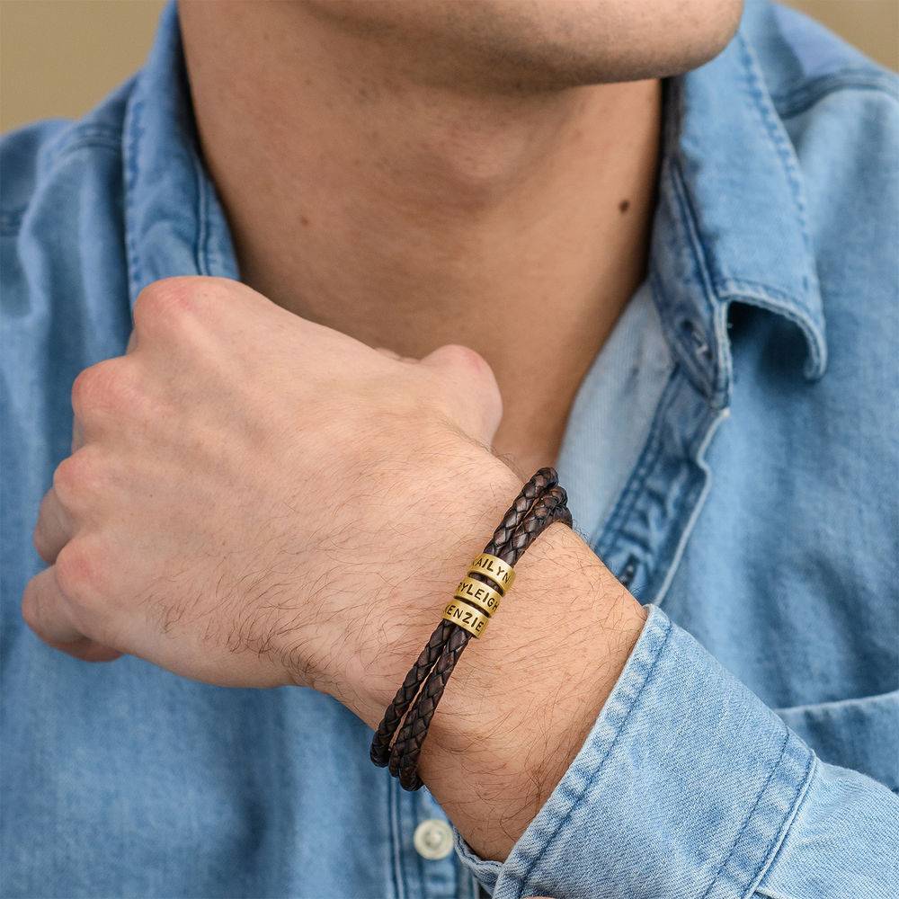 Navigator Braided Brown Leather Bracelet with Small Custom Beads in  18k Gold Vermeil-2 product photo