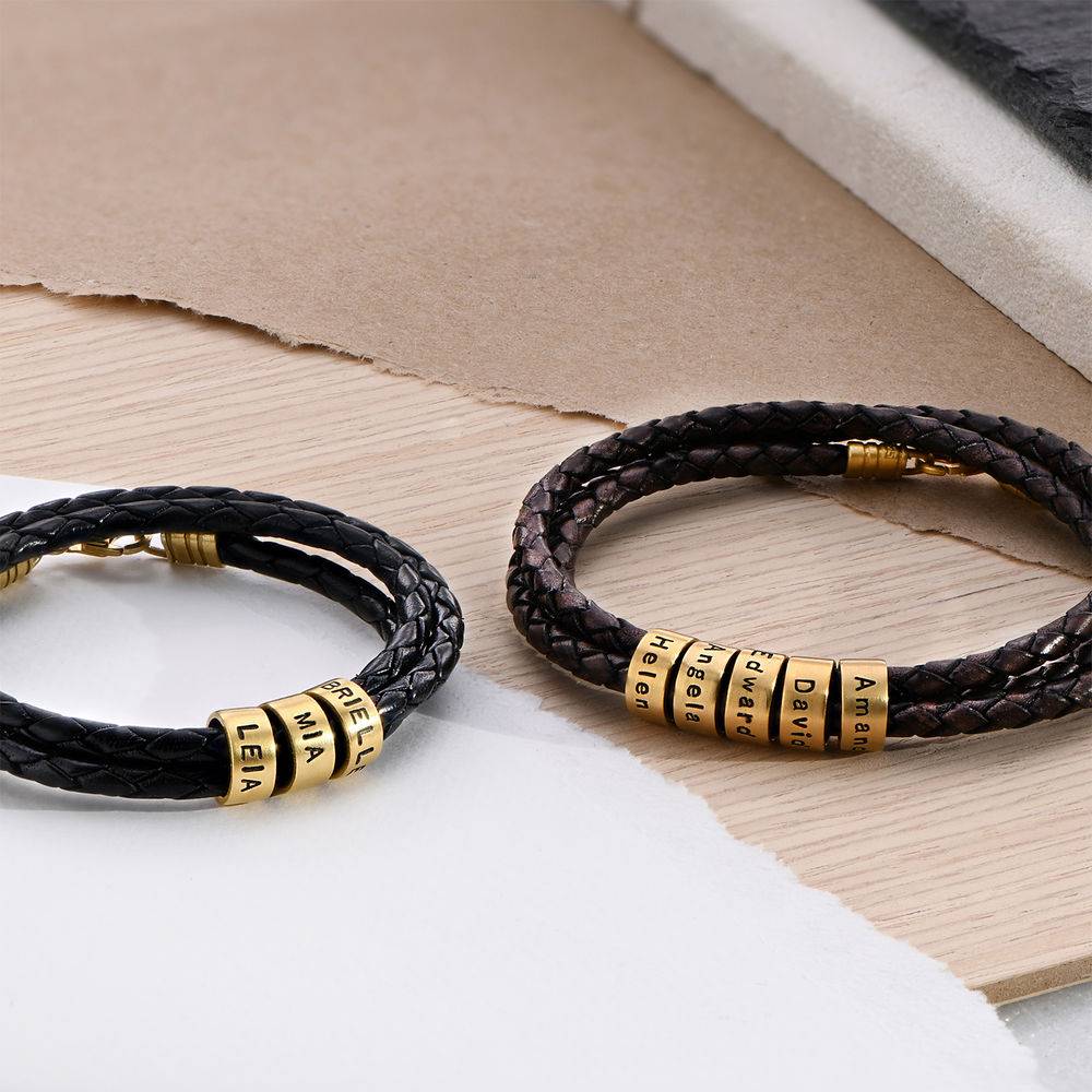 Navigator Braided Brown Leather Bracelet with Small Custom Beads in  18k Gold Vermeil product photo