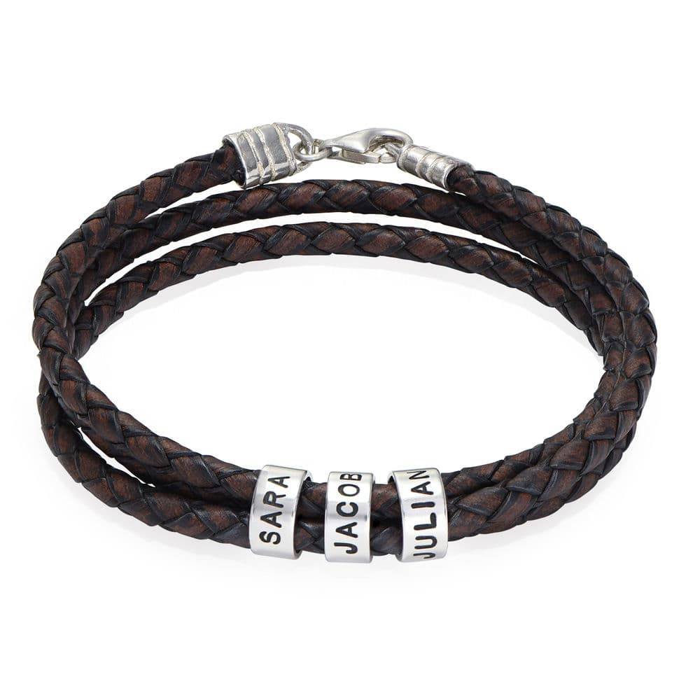 Navigator Braided Brown Leather Bracelet with Small Custom Beads in Silver product photo