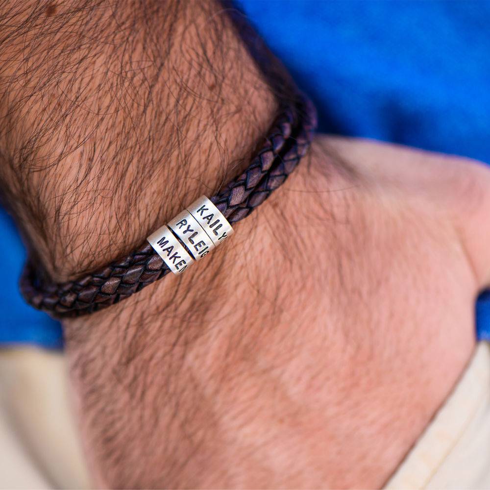 Navigator Braided Brown Leather Bracelet with Small Custom Beads in Silver-3 product photo