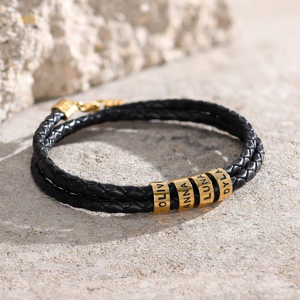 Navigator Braided Leather Bracelet with Small Custom Beads in Gold Plating-1 product photo