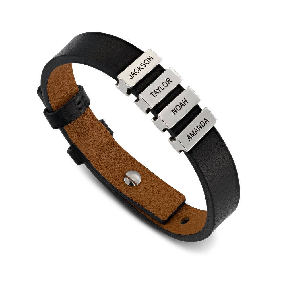 Voyage Men's Leather Bracelet with Custom Silver Bricks in Black-2 product photo
