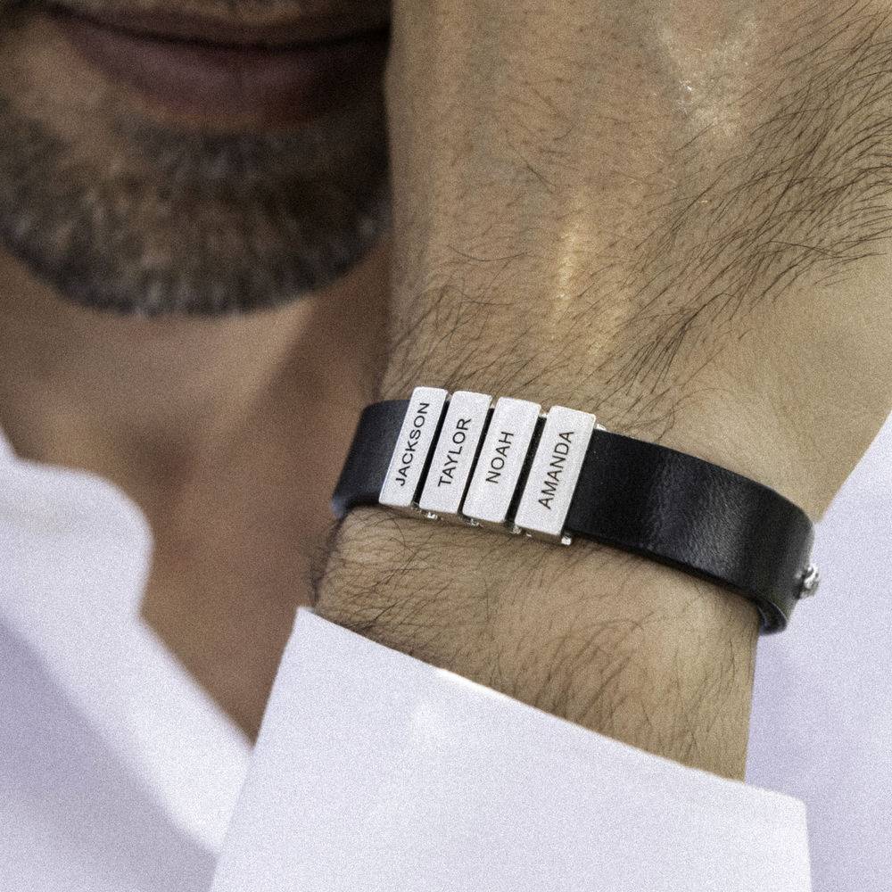 Voyage Men's Leather Bracelet with Custom Silver Bricks in Black-1 product photo