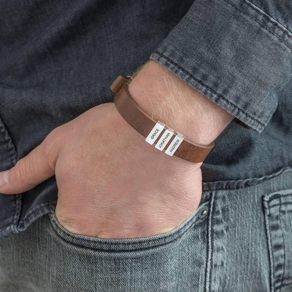Voyage Men's Leather Bracelet with Custom Silver Bricks in Brown-5 product photo