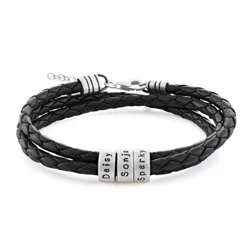 Women Braided Leather Bracelet with Small Custom Beads in Silver product photo