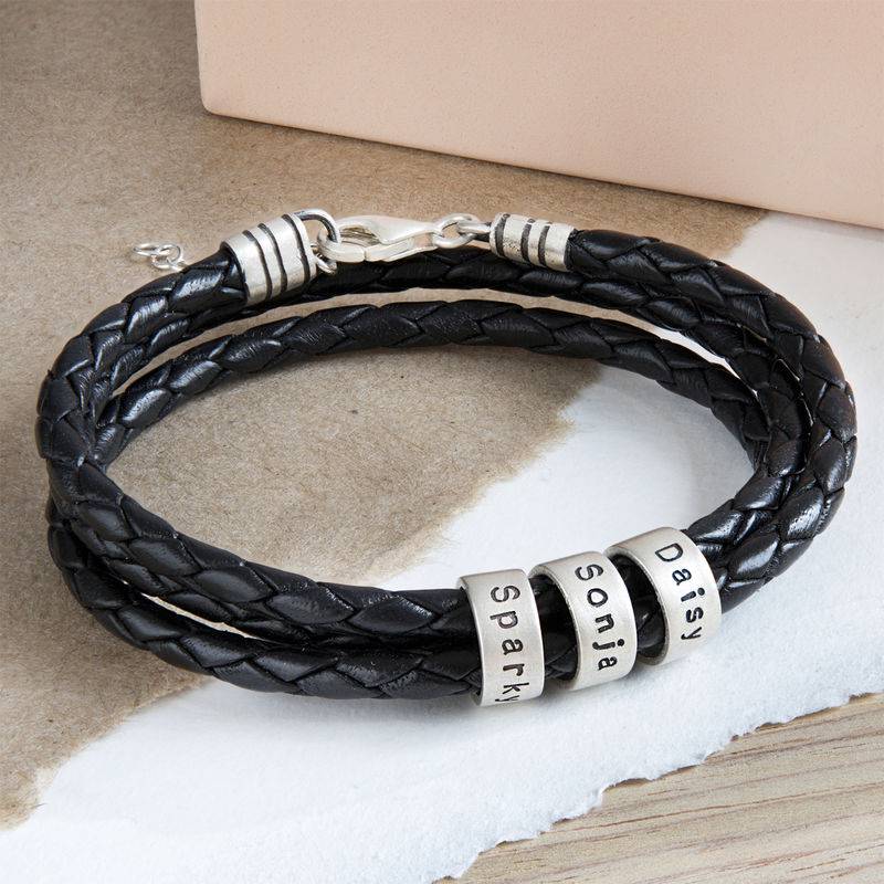 Women Braided Leather Bracelet with Small Custom Beads in Silver-4 product photo