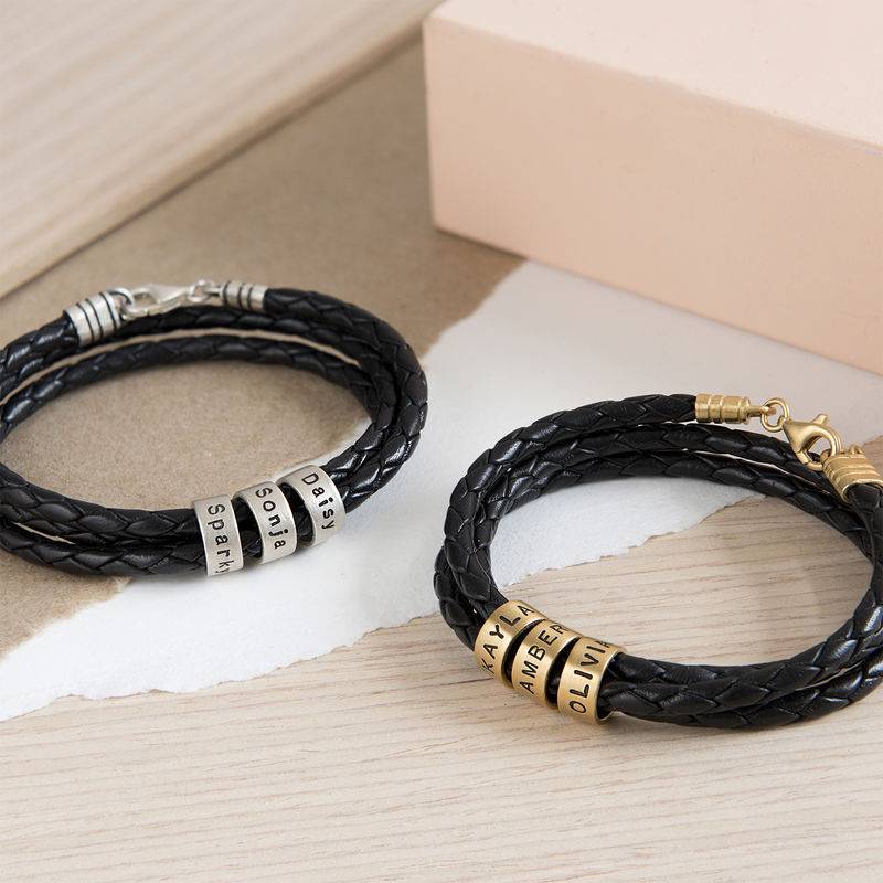 Women Braided Leather Bracelet with Small Custom Beads in Silver-3 product photo